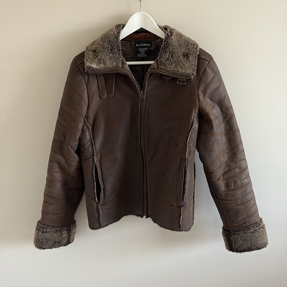 Brown Faux Leather Jacket with Fur Trim